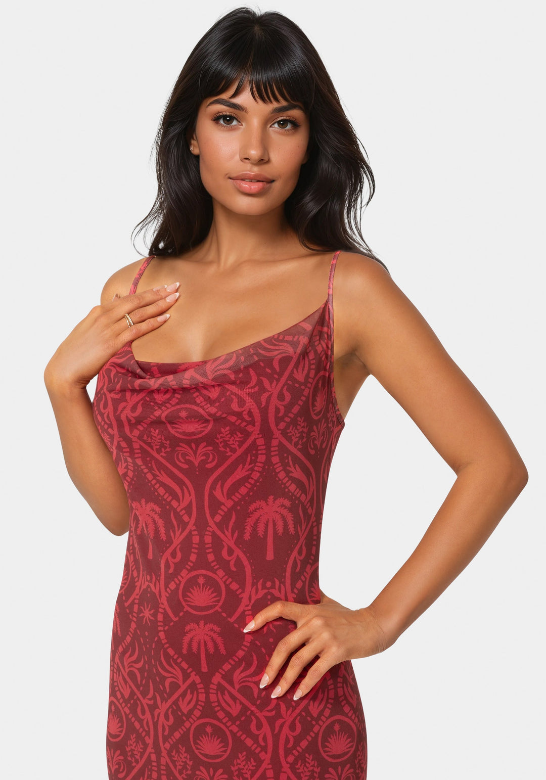 Other View-Printed Mesh Cowl Gown-MERLOT
