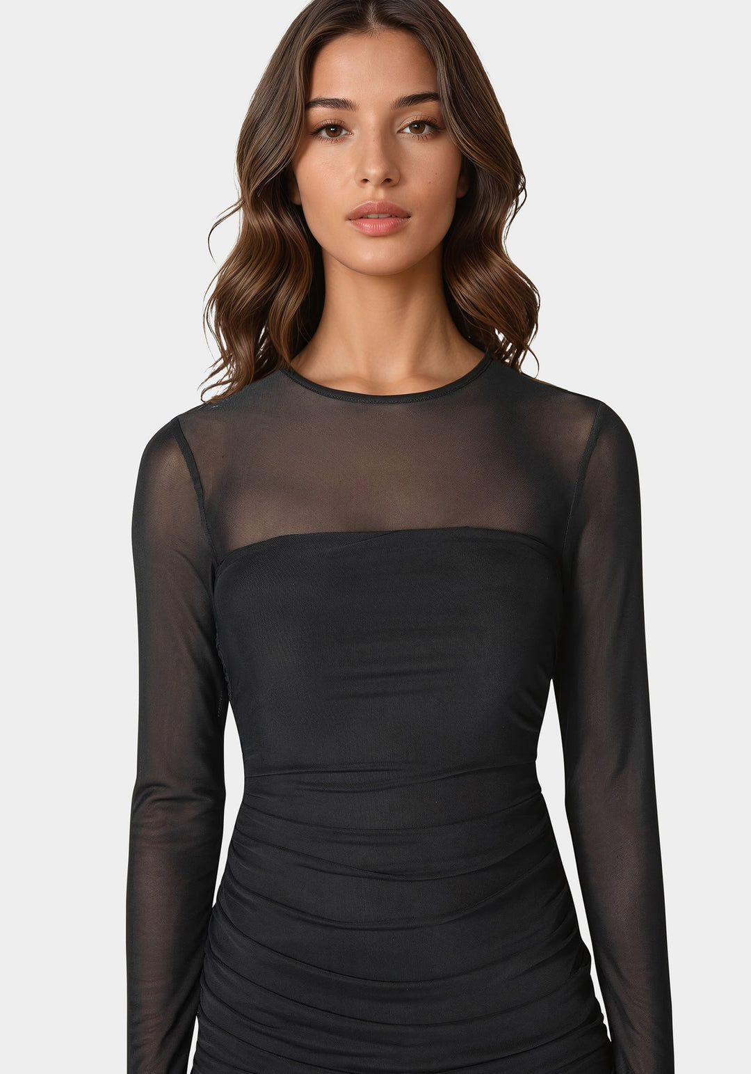 Flounce Mesh Longsleeve Mini Dress Black - bebe Flounce Mesh Longsleeve Mini Dress Black - bebe