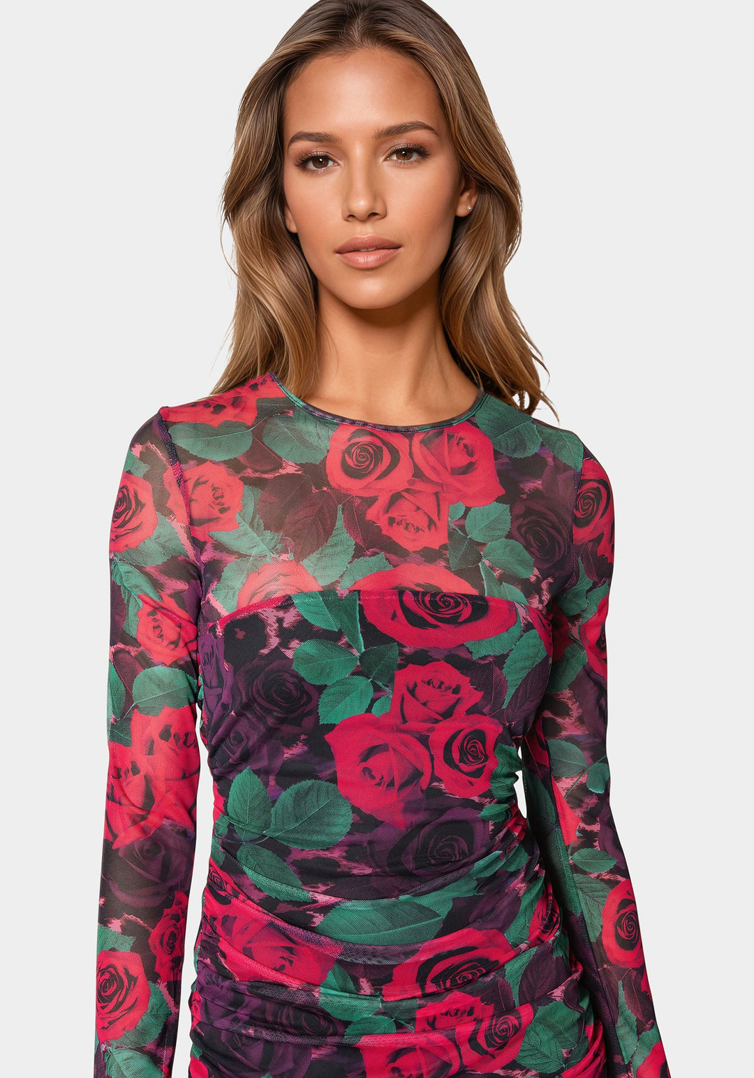 Flounce Mesh Longsleeve Mini Dress Holiday Rose - bebe Flounce Mesh Longsleeve Mini Dress Holiday Rose - bebe