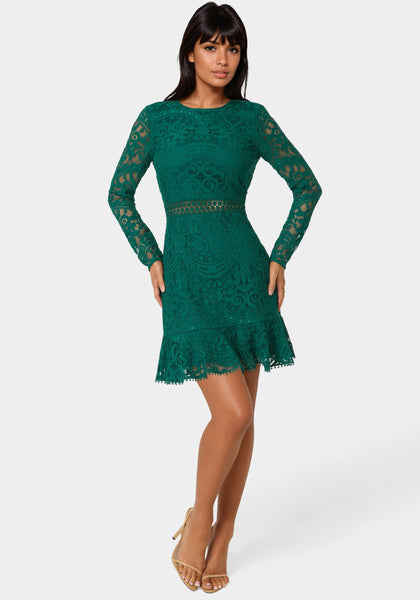 Bebe Women's Open Back Lace Mini Dress, Size XXL in Dark Green Polyester/Cotton/Nylon Bebe Women's Open Back Lace Mini Dress, Size XXL in Dark Green Polyester/Cotton/Nylon