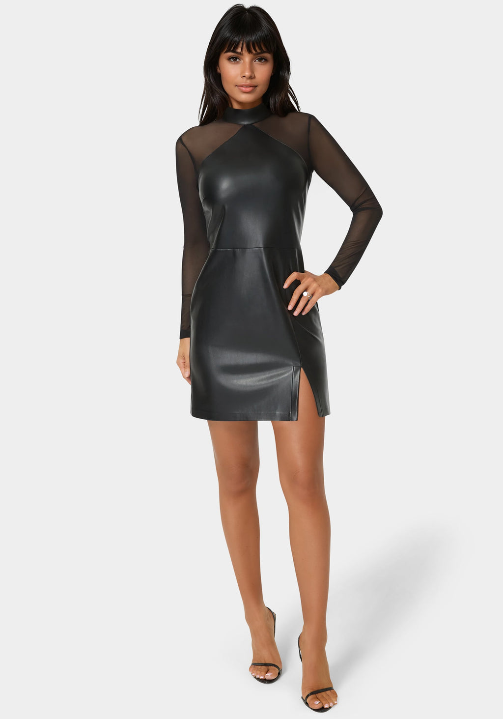 Bebe Women's Faux Leather and Mesh Mock Neck Mini Dress, Black, Small