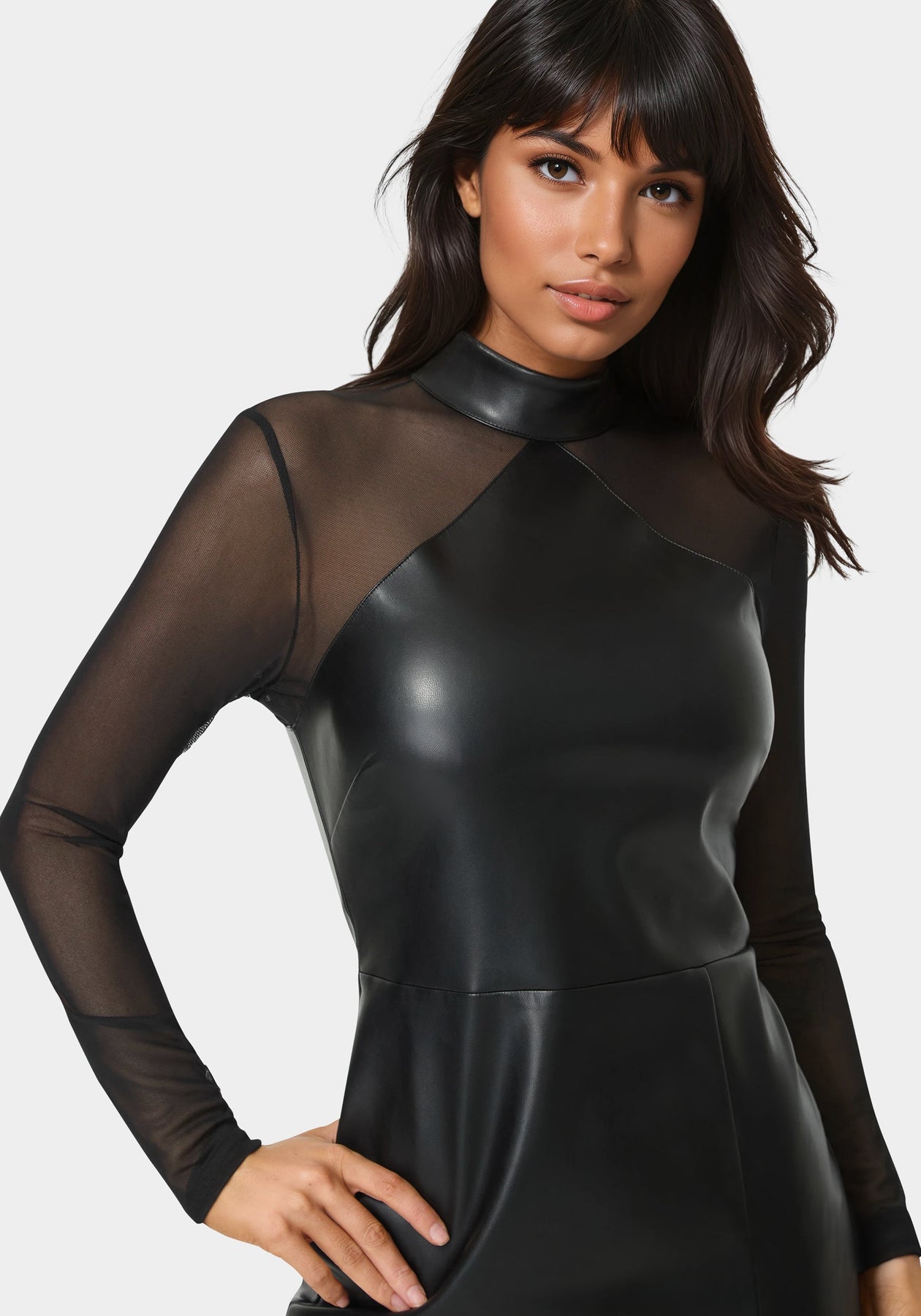 Faux Leather and Mesh Mock Neck Mini Dress bebe Faux Leather and Mesh Mock Neck Mini Dress bebe
