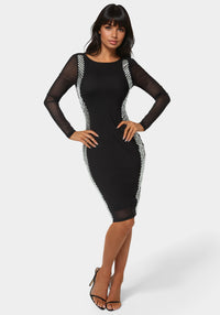 Front View-BodyCon Embellished Knee Length Dress-BLACK/SILVER