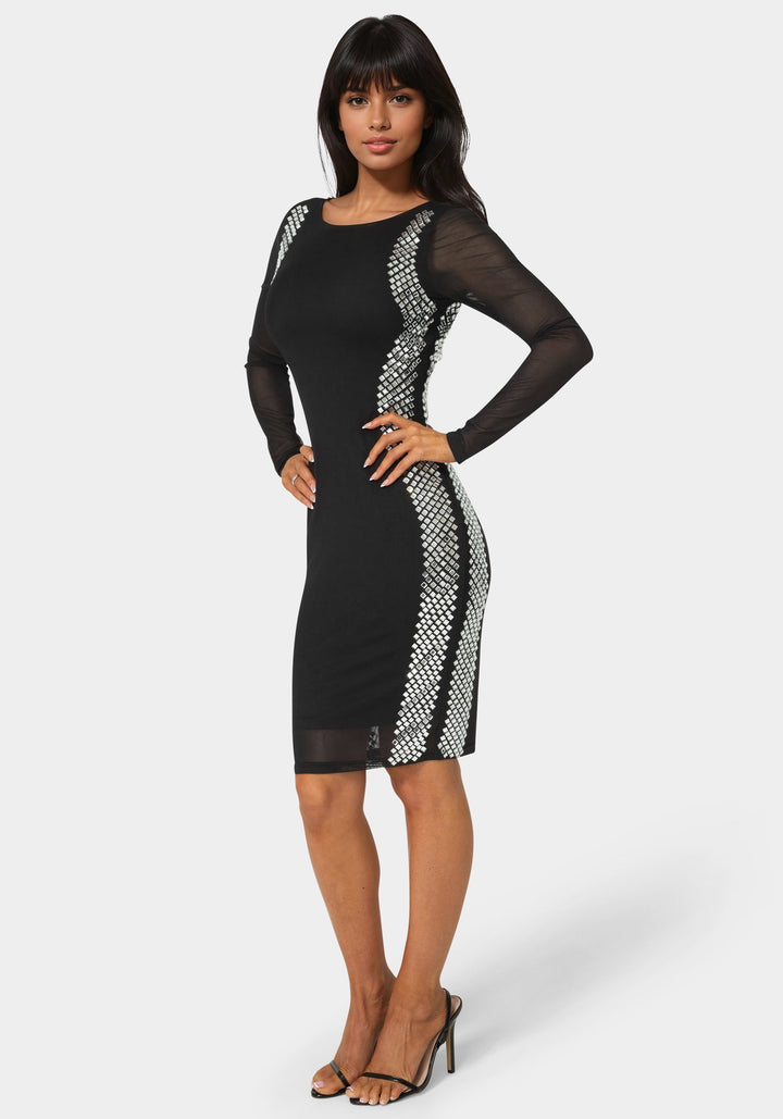 Side View-BodyCon Embellished Knee Length Dress-BLACK/SILVER