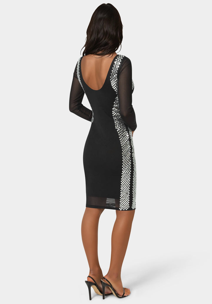 Back View-BodyCon Embellished Knee Length Dress-BLACK/SILVER