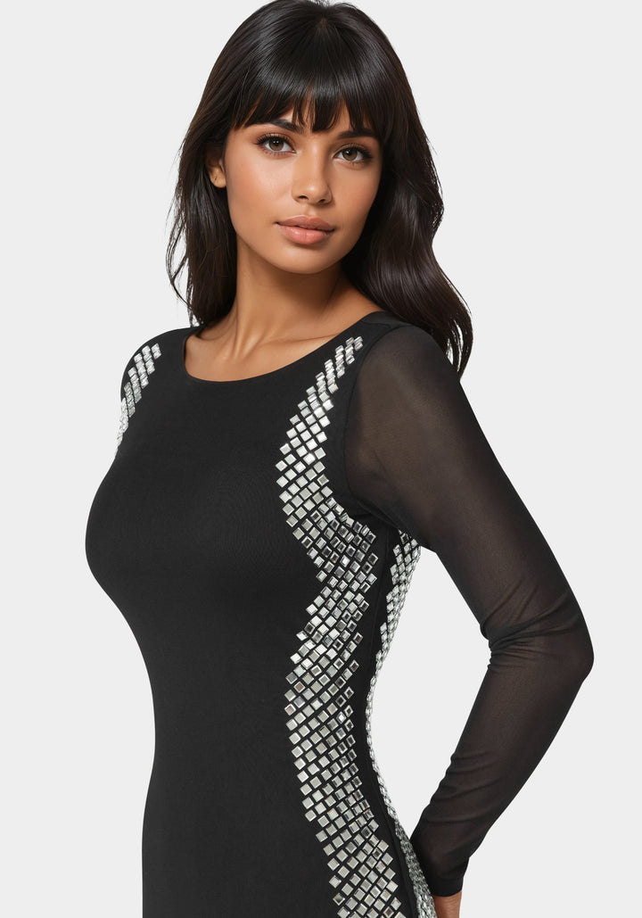 Other View-BodyCon Embellished Knee Length Dress-BLACK/SILVER