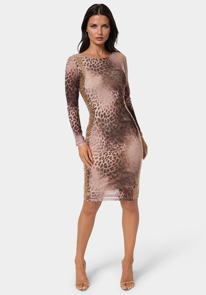 Front View-BodyCon Embellished Knee Length Dress-LEOPARD