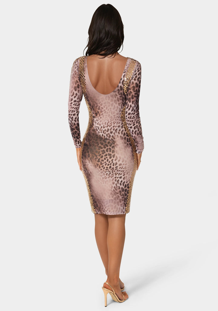Back View-BodyCon Embellished Knee Length Dress-LEOPARD