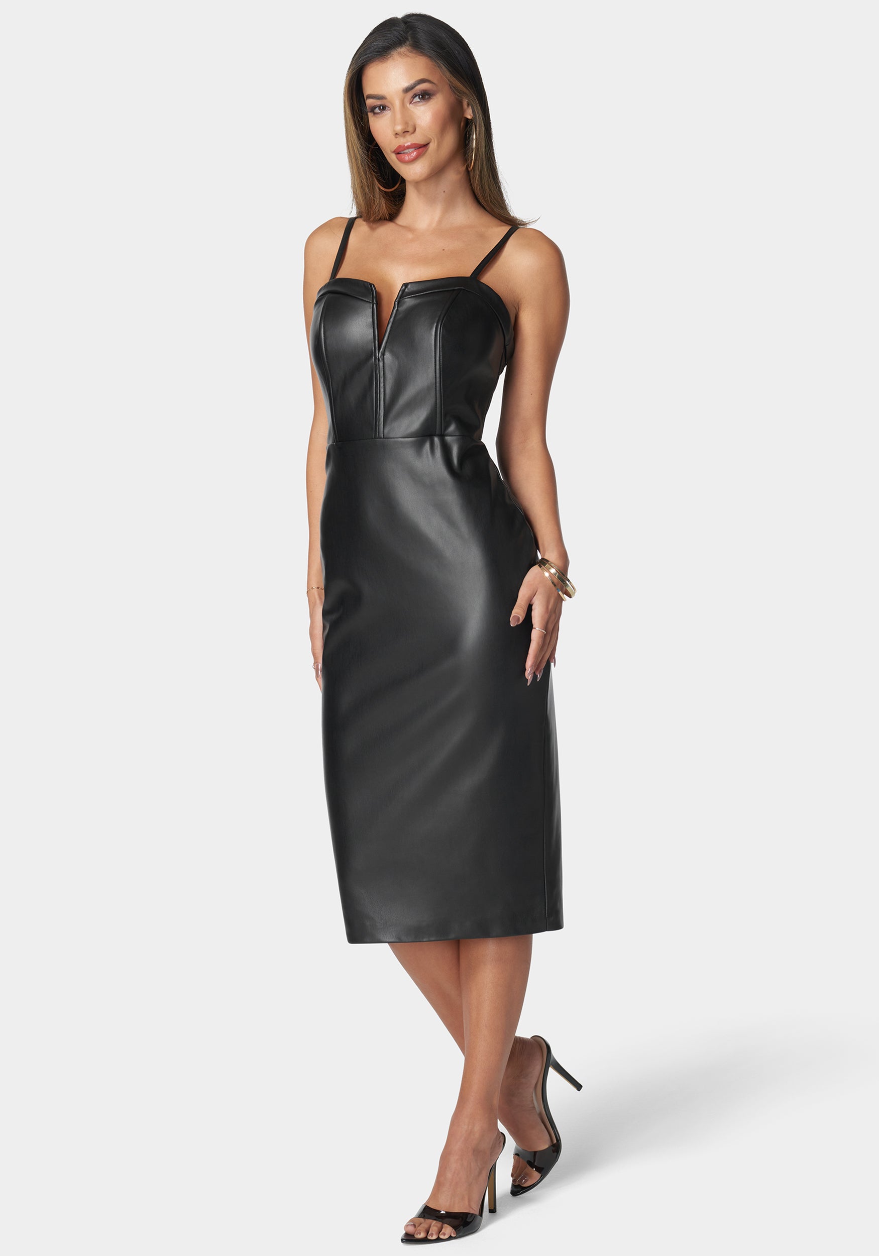 leather midi dress formal Black Vegan Leather Corset Midi Dress