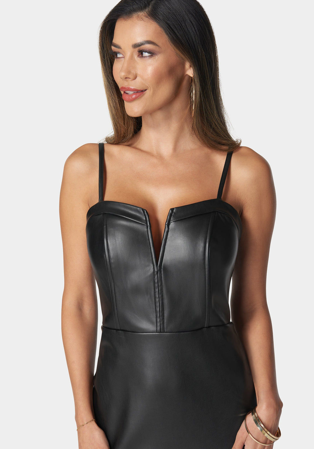 bebe vegan leather dress Bebe Women's Faux Leather Lace Illusion Midi Dress