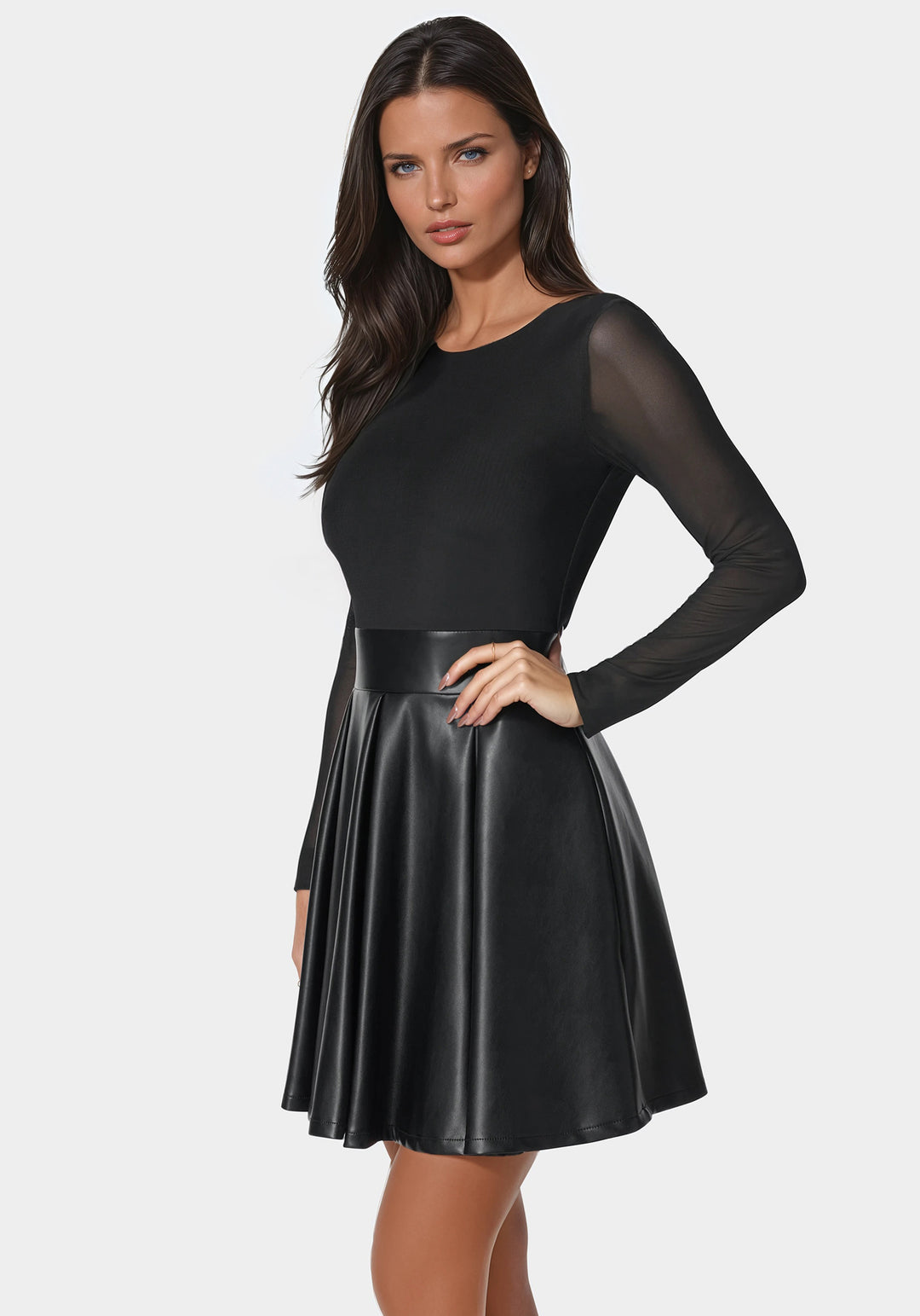 Faux Leather Flare Dress Black - bebe Faux Leather Flare Dress Black - bebe