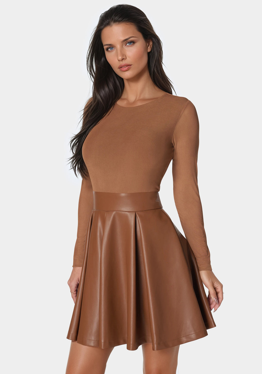 Faux Leather Flare Dress Warm Caramel - bebe Faux Leather Flare Dress Warm Caramel - bebe