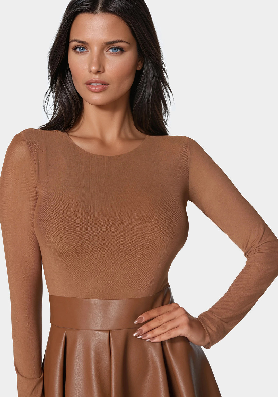 Faux Leather Flare Dress Warm Caramel - bebe Faux Leather Flare Dress Warm Caramel - bebe