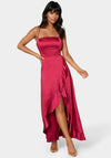 Satin Ruffle Lace Up Back Maxi Dress