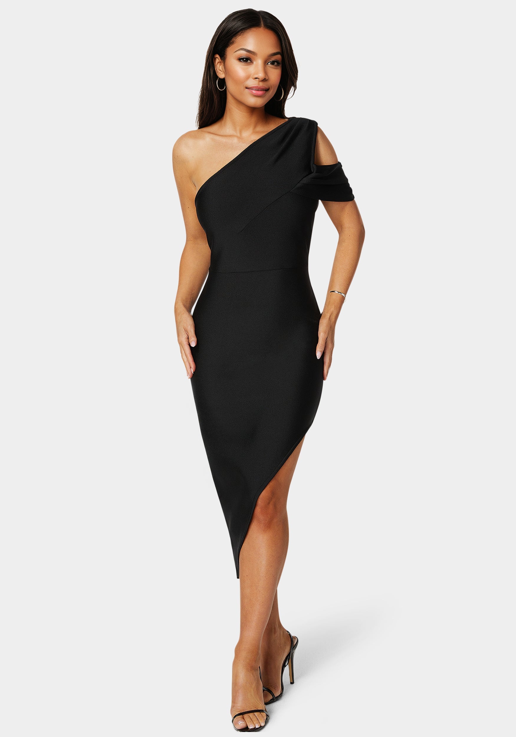 Bebe Women's Asymmetrical High Slit Bandage Midi Dress