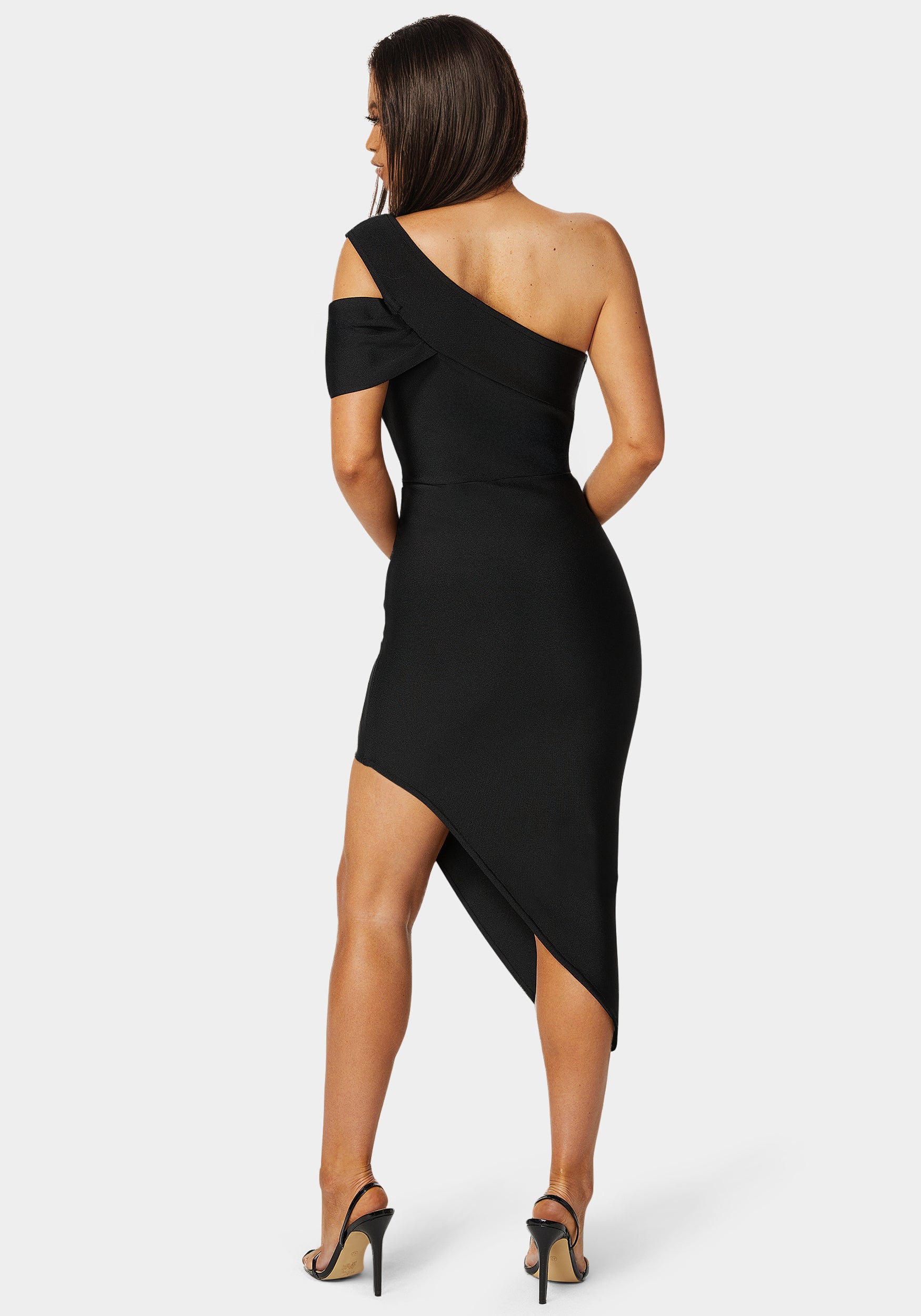 Bebe Women's Asymmetrical High Slit Bandage Midi Dress
