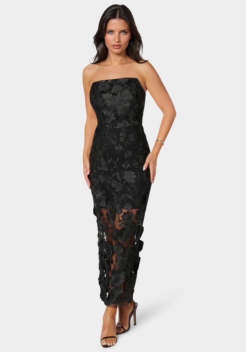 bebe black strapless dress Women's Drape Front Sleeveless Satin Midi Womens Bebe Strapless Cutout Slim Midi Dress Bebe Women's Strapless 3D Lace