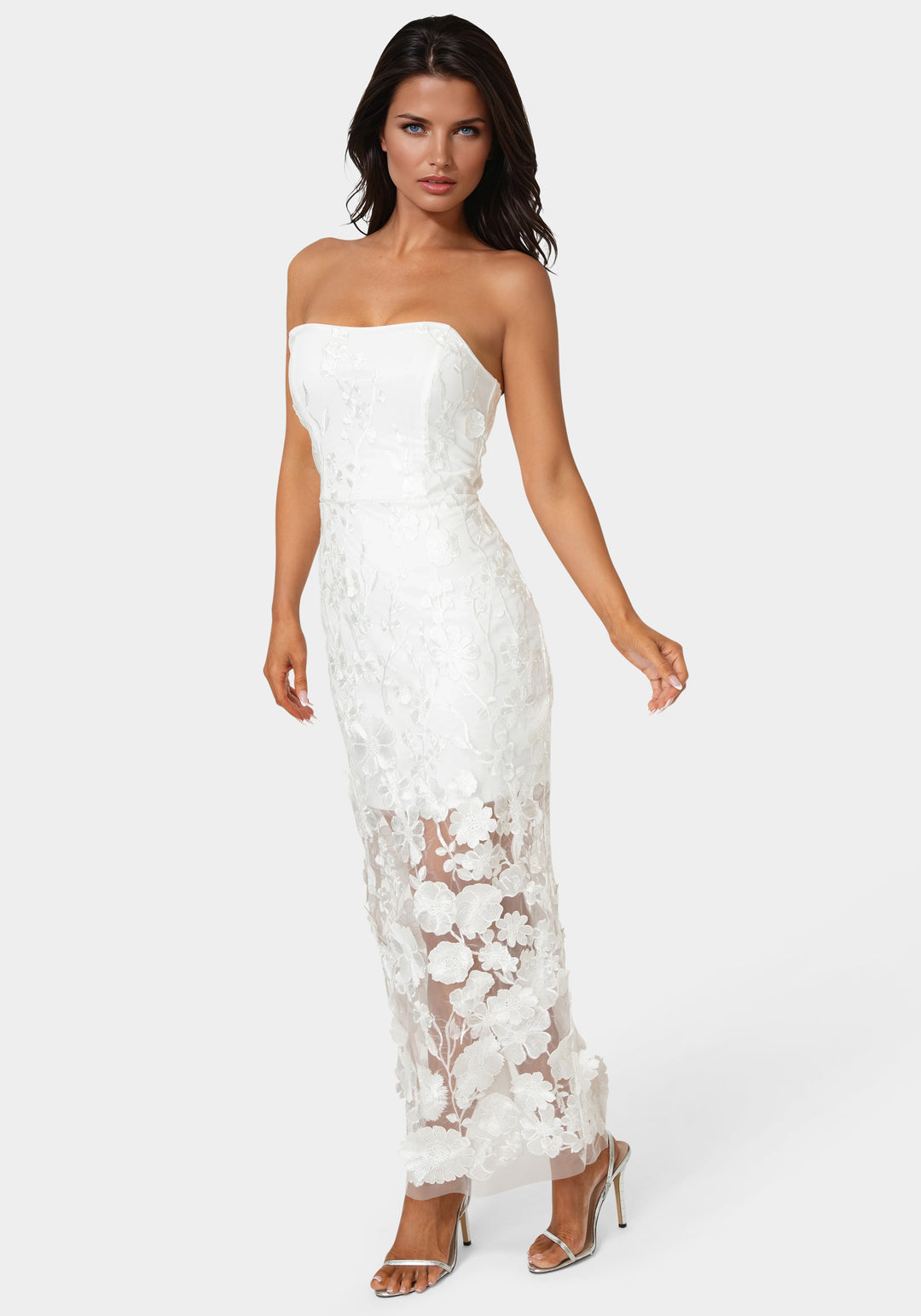 Bebe Women's Strapless 3D Lace Column Dress - White Bebe Women's Strapless 3D Lace Column Dress - White