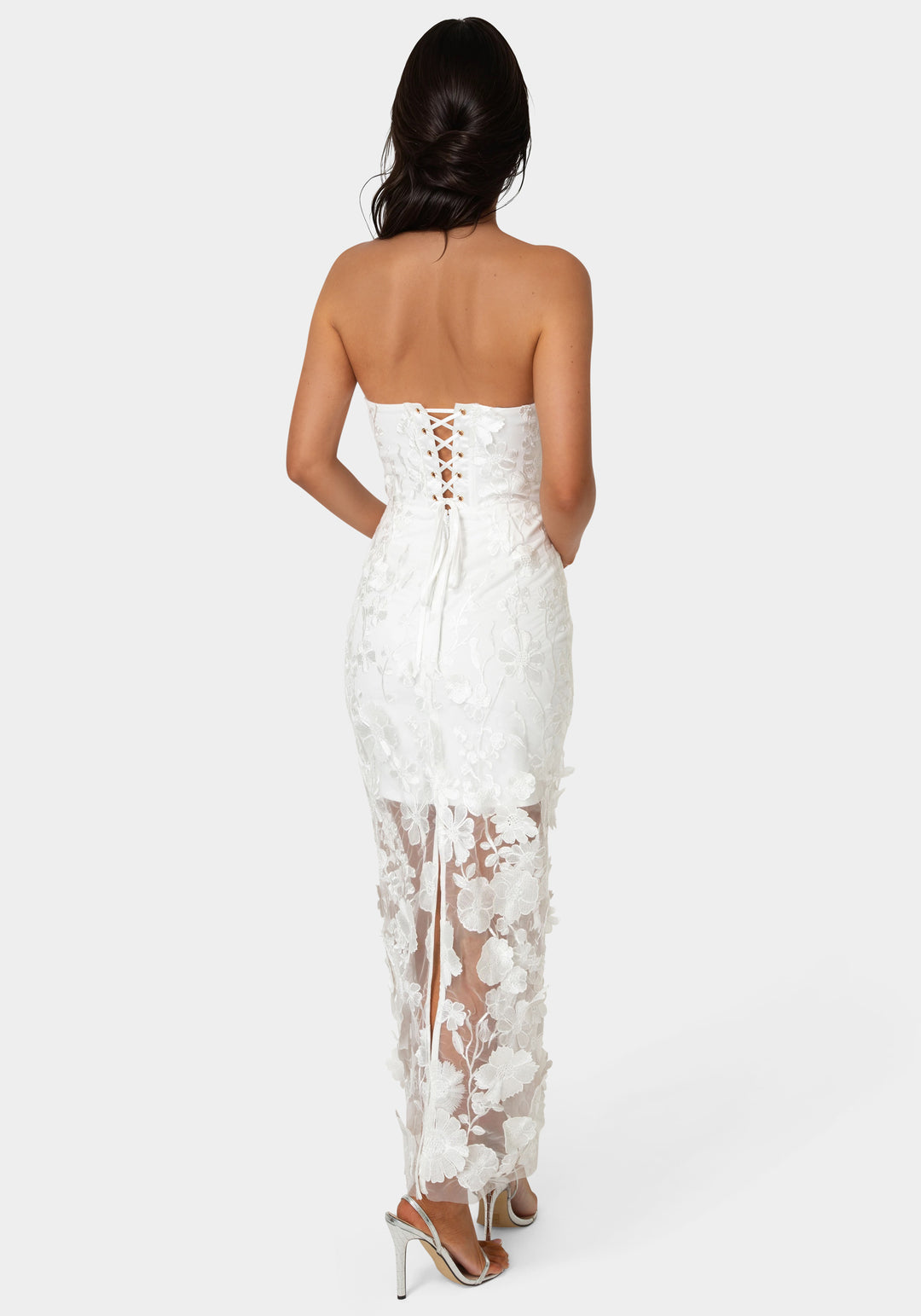 Back View-3D Floral Strapless Gown-WHITE