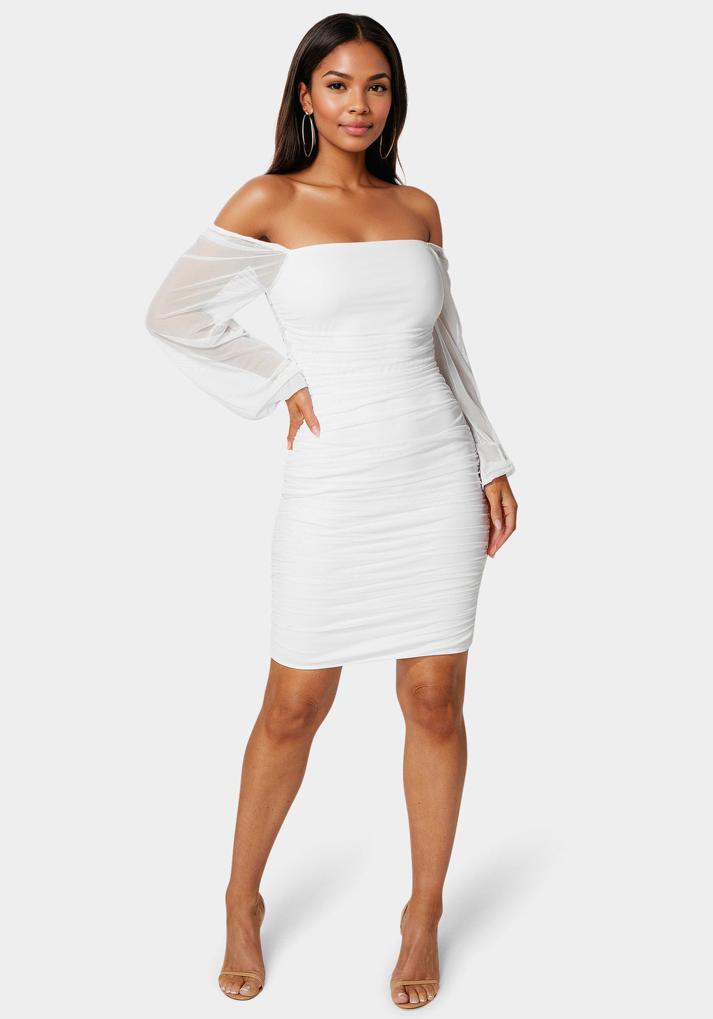 ruched short dress Bebe Women's Blouson Sleeve Midi Low Iron If Needed Satin Ruched Dress in Emerald