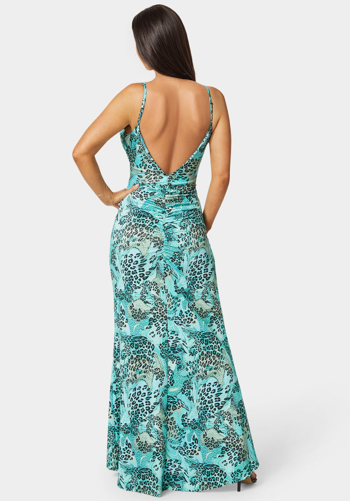 Ruched High Slit Printed Dress