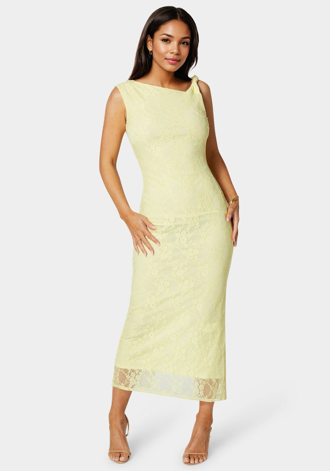 Bebe Women's Twist Sleeve Lace Midi Dress - Butter Bebe Women's Twist Sleeve Lace Midi Dress - Butter