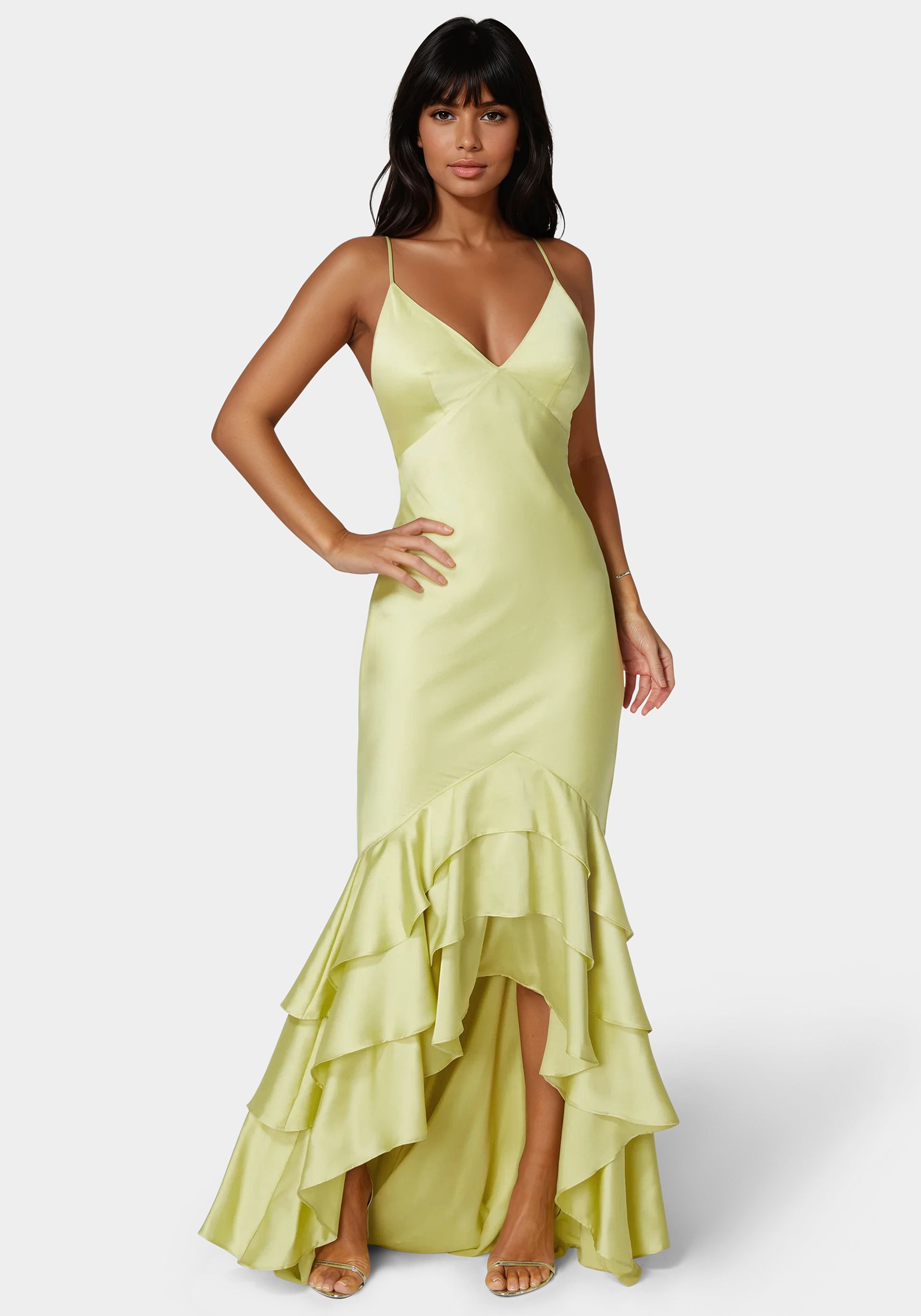 Bebe Women's Tiered Satin High Low Gown