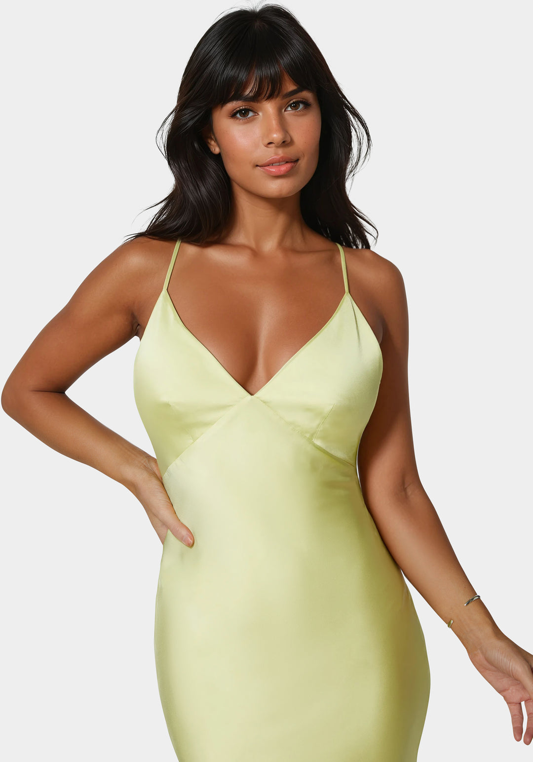 Tiered Satin High Low Gown Honeydew - bebe Tiered Satin High Low Gown Honeydew - bebe