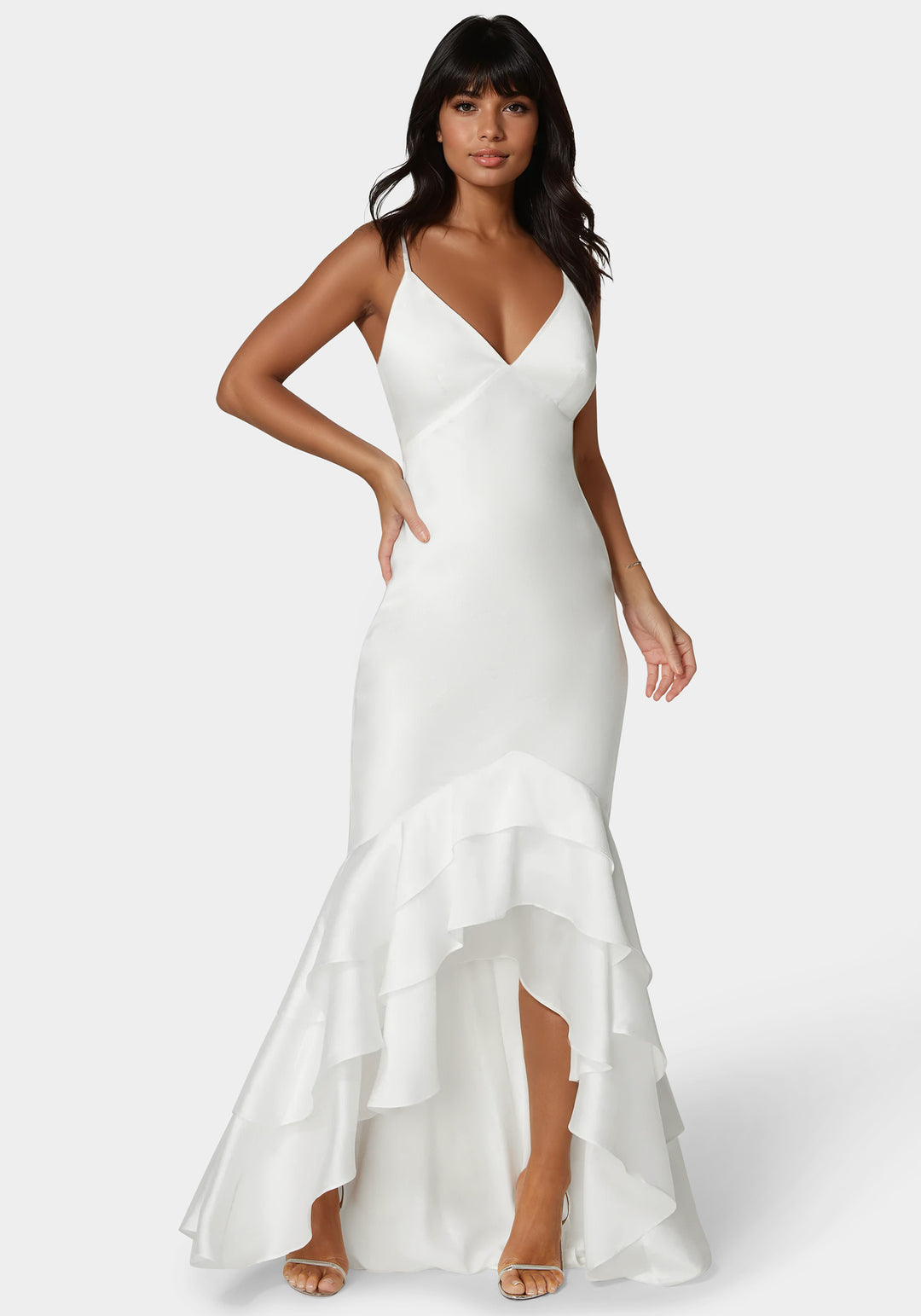Bebe Women's Tiered Satin High Low Gown, Size Large in White Polyester Bebe Women's Tiered Satin High Low Gown, Size Large in White Polyester