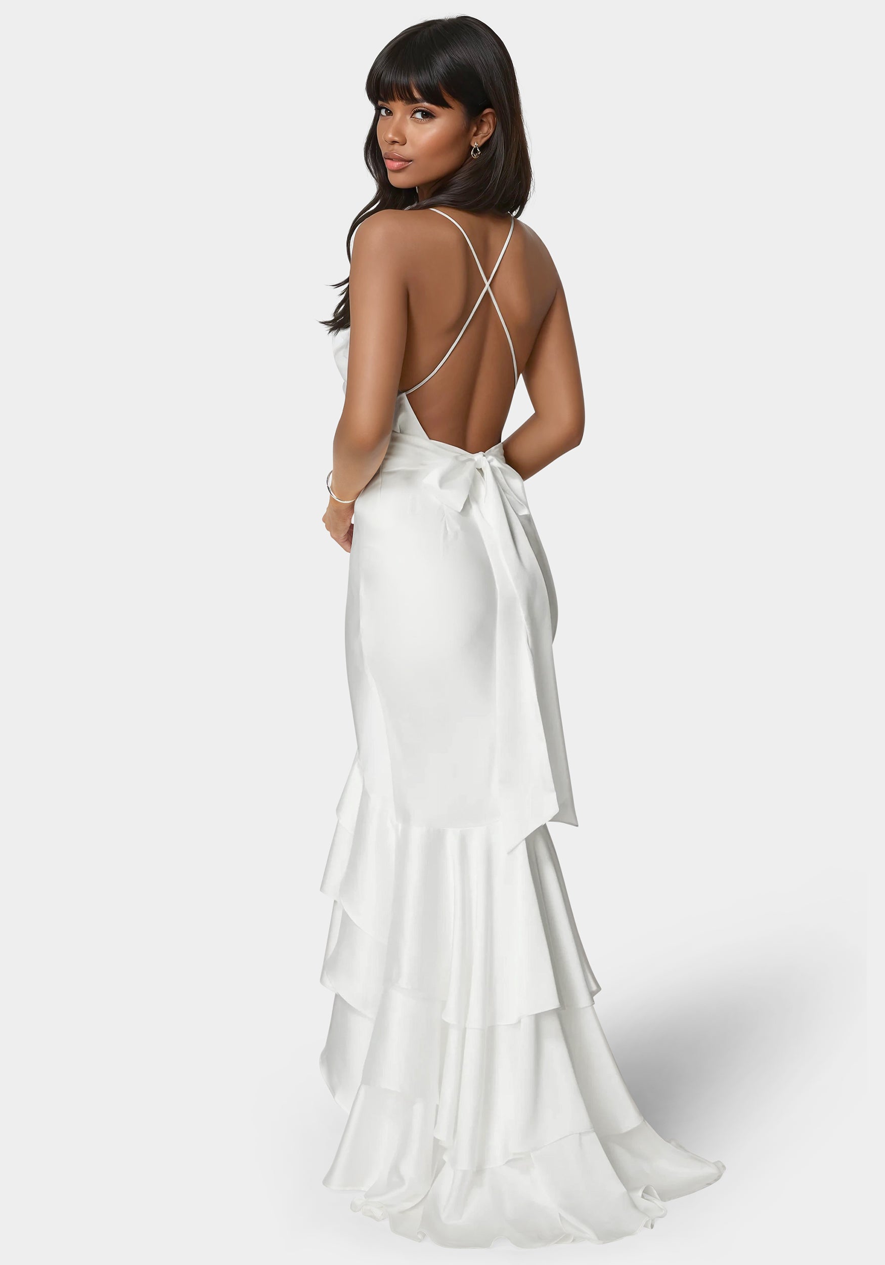 bebe white dress Bebe Women's Tiered Satin High Low Gown