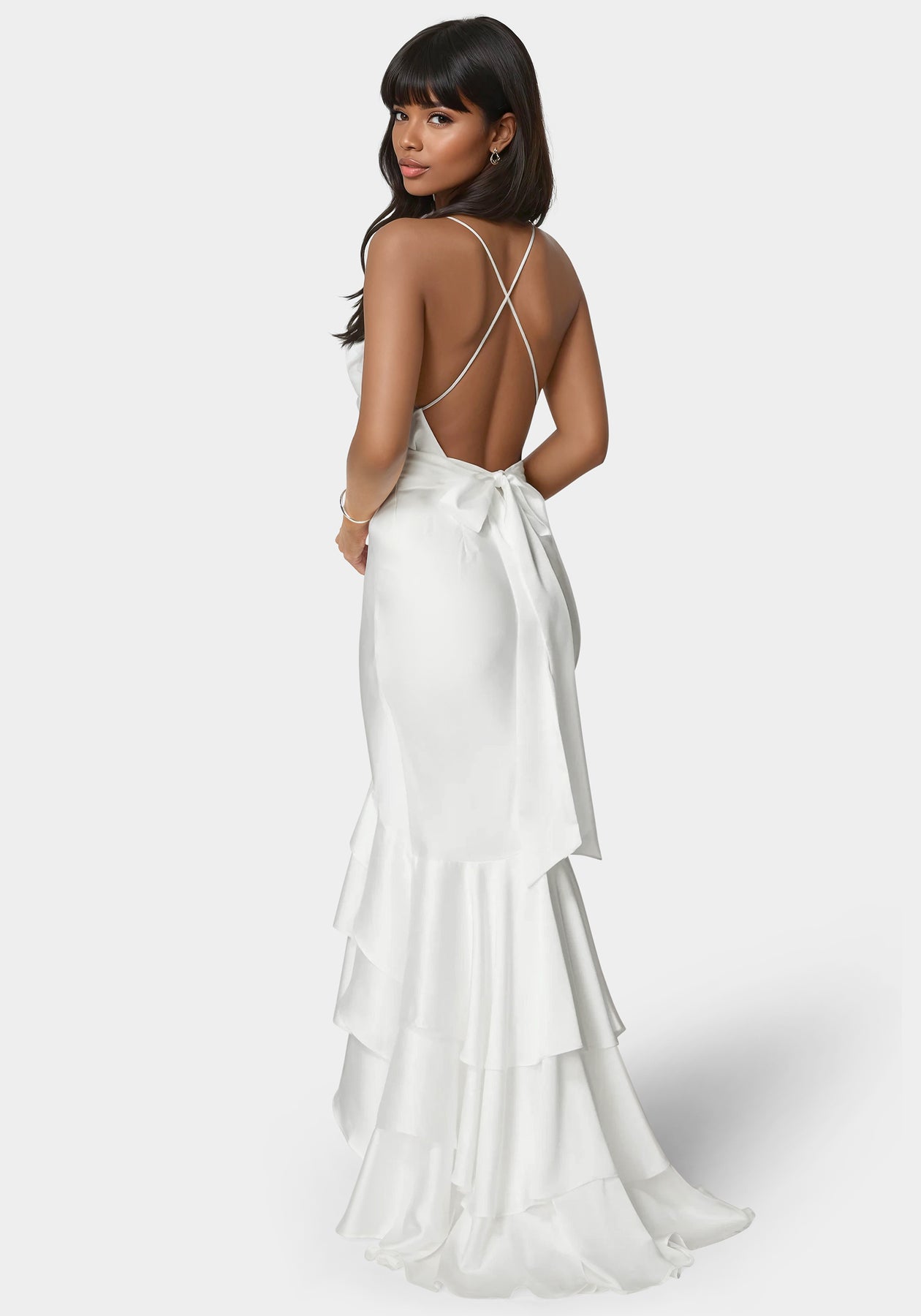 Bebe Women's Tiered Satin High Low Gown, Size Large in White Polyester Bebe Women's Tiered Satin High Low Gown, Size Large in White Polyester