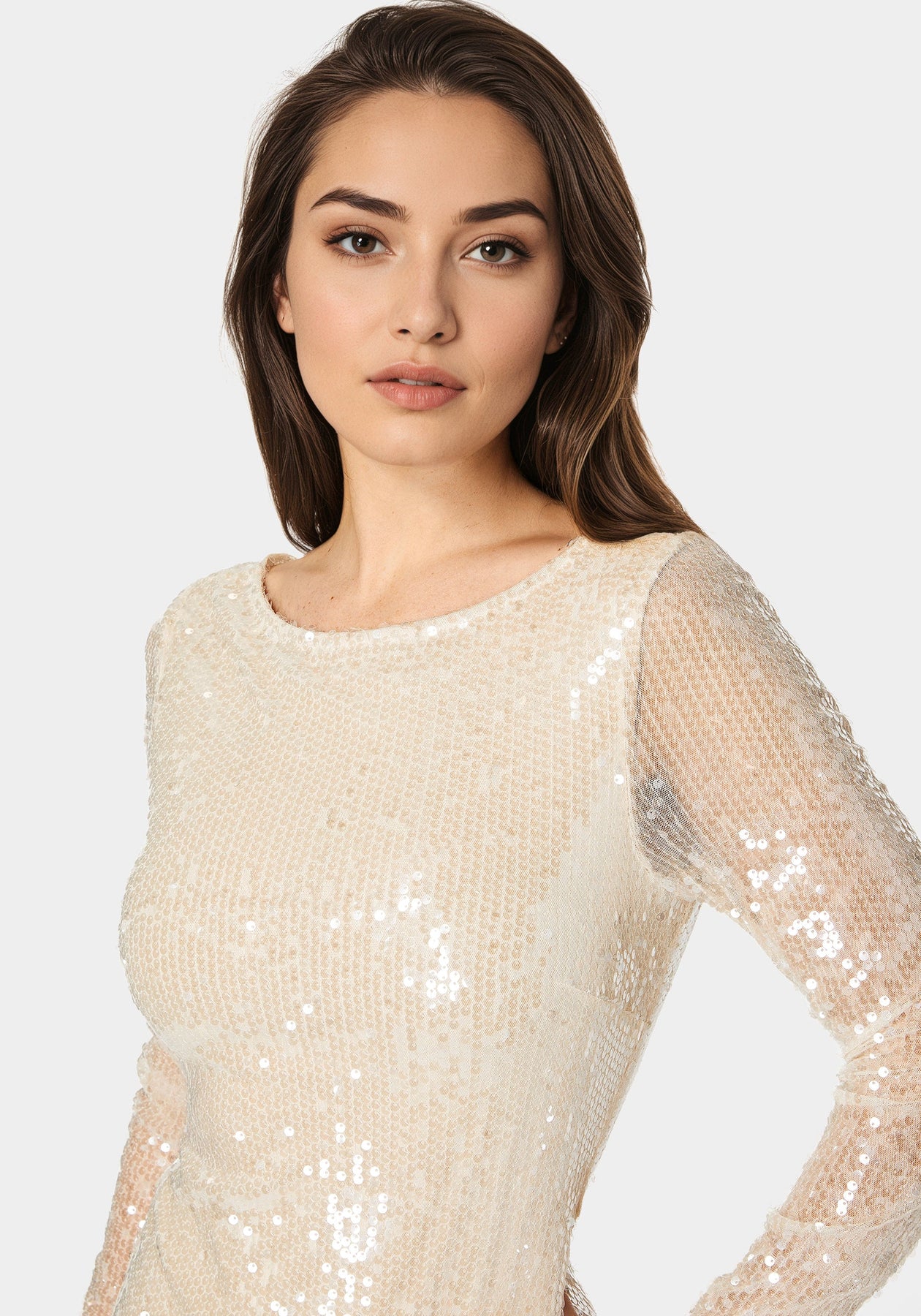 Cowl Back Sequin Mini Dress Shell - bebe