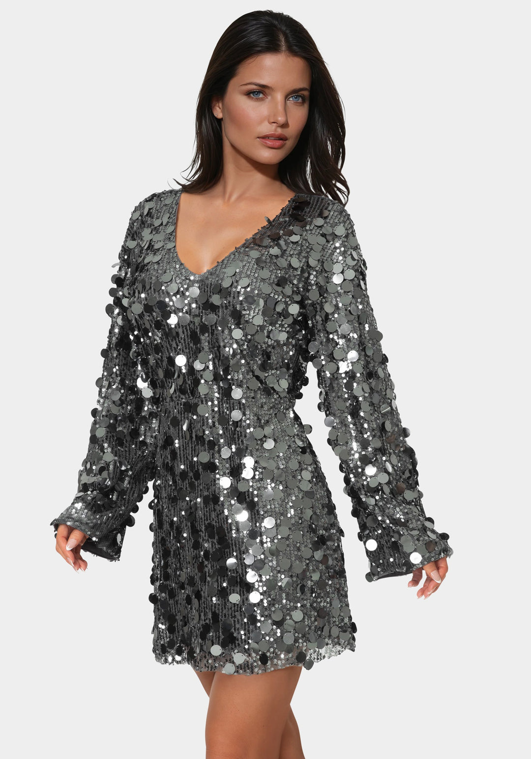 Side View-Beaded Dolman Sleeve Mini Dress-SILVER