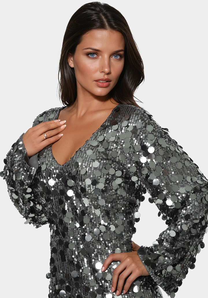 Other View-Beaded Dolman Sleeve Mini Dress-SILVER