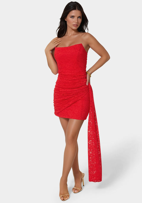 Bebe Women's Strapless Lace Drape Detail Mini Dress - Red Bebe Women's Strapless Lace Drape Detail Mini Dress - Red