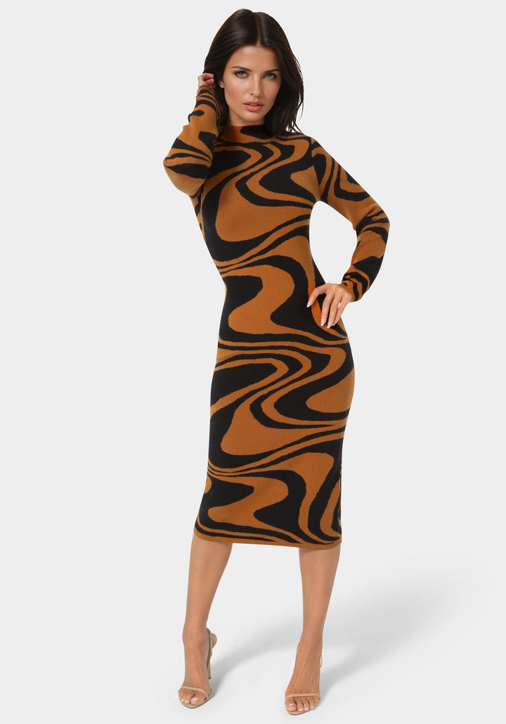 Front View-Jacquard Funnel Midi Sweater Dress-BROWN/BLACK