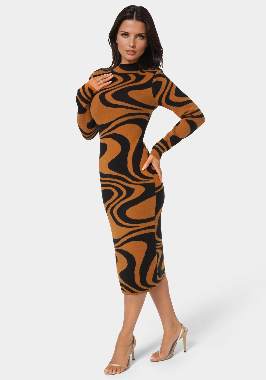 Side View-Jacquard Funnel Midi Sweater Dress-BROWN/BLACK