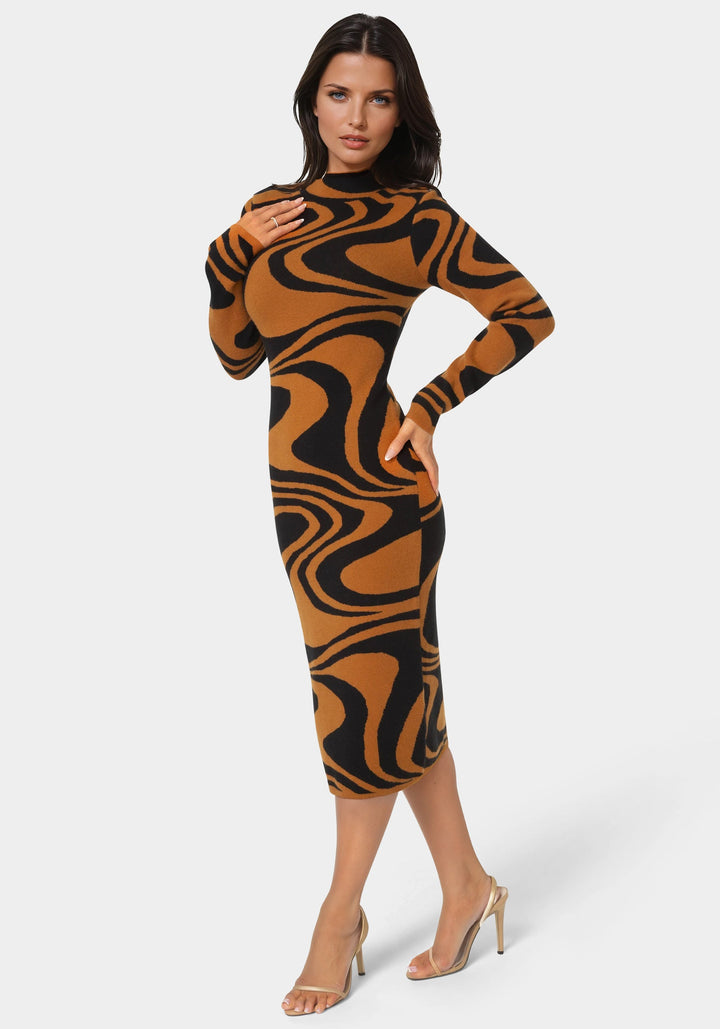 Side View-Jacquard Funnel Midi Sweater Dress-BROWN/BLACK