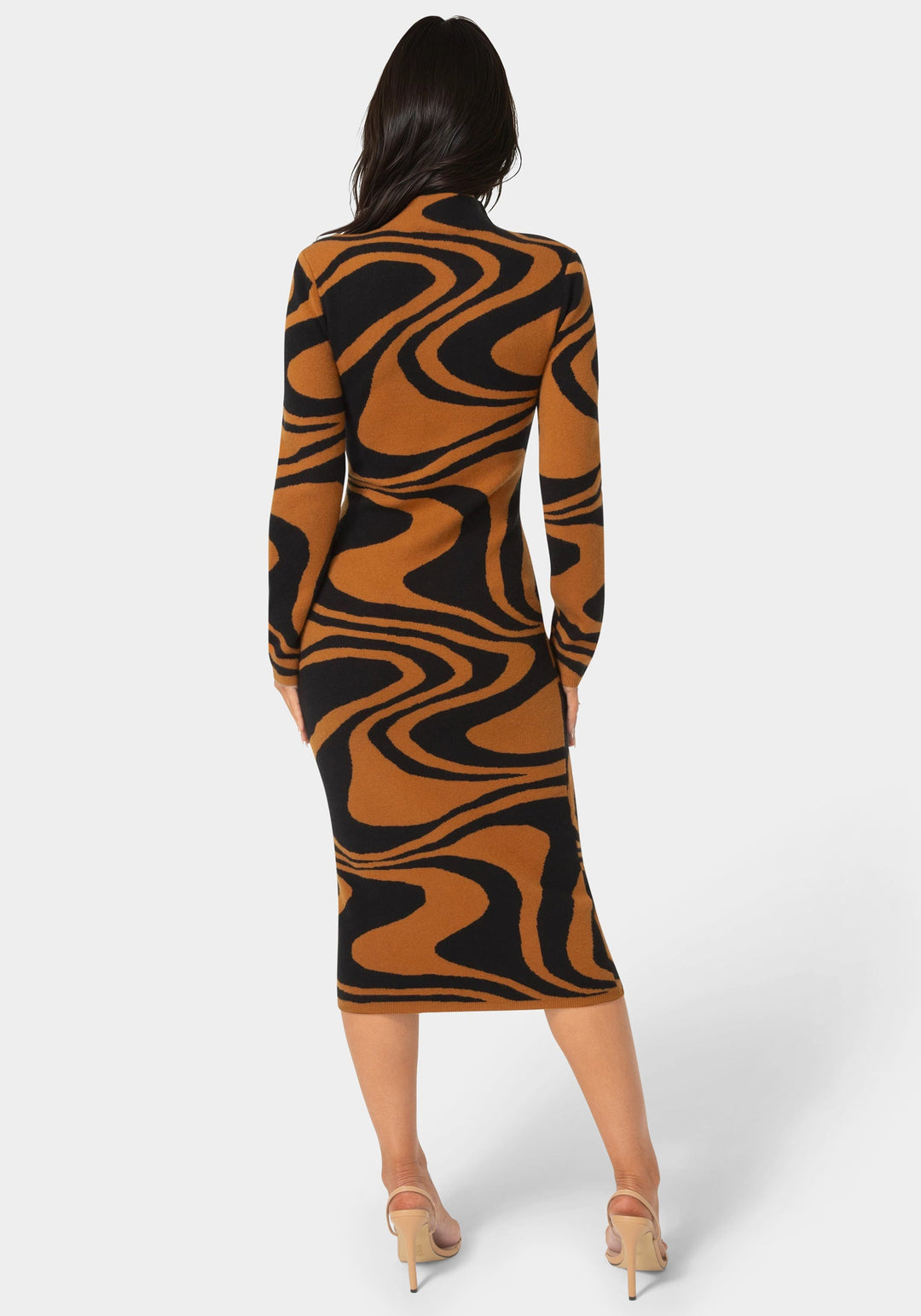 Back View-Jacquard Funnel Midi Sweater Dress-BROWN/BLACK