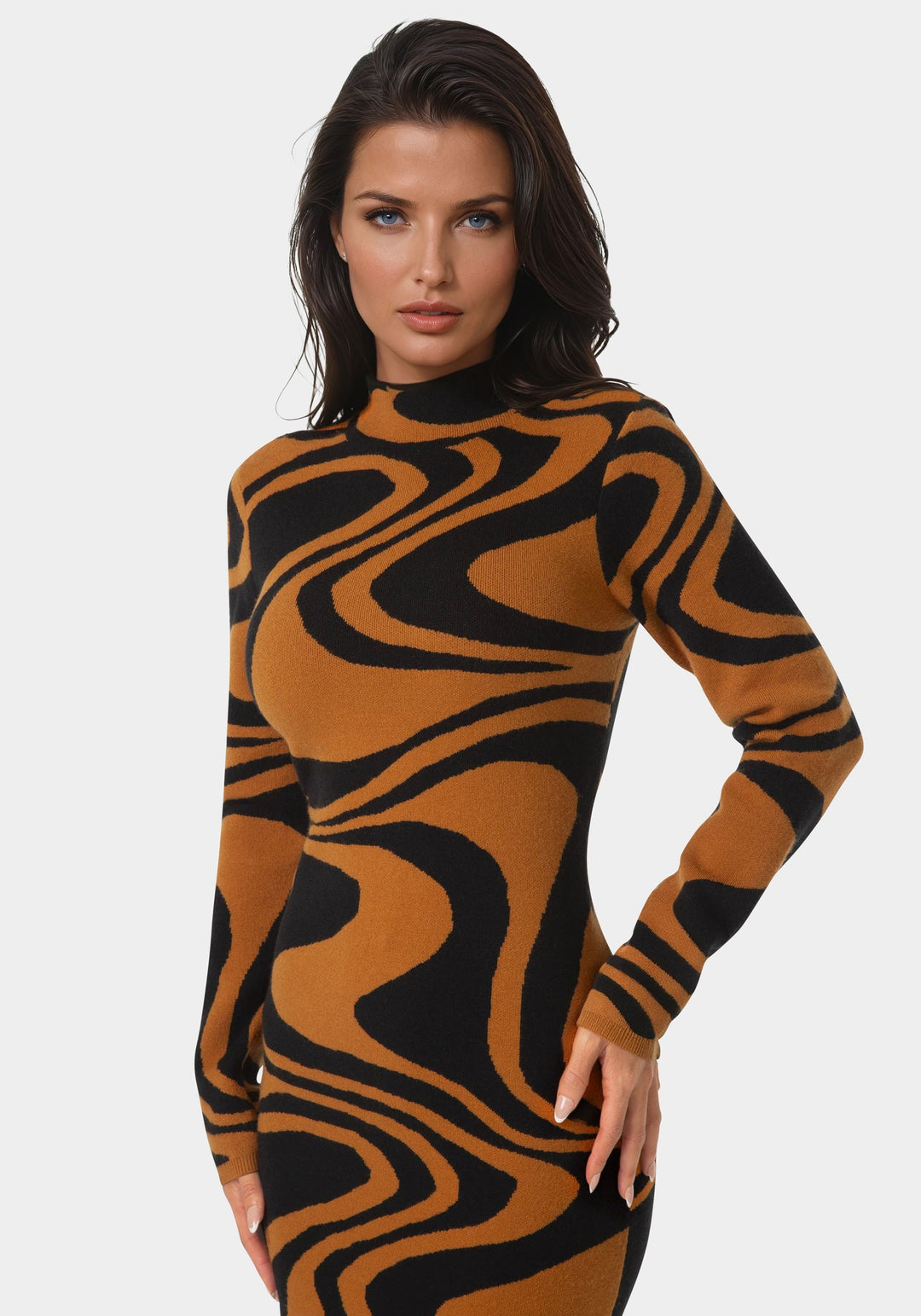 Bebe Women's Jacquard Funnel Midi Sweater Dress - Brown Black Bebe Women's Jacquard Funnel Midi Sweater Dress - Brown Black