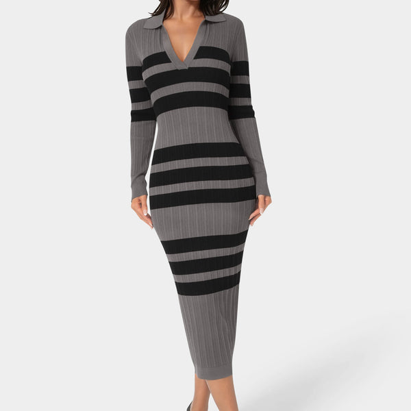 Front View-Long Sleeve Collared Striped Knit Dress-CHARCOAL/BLACK