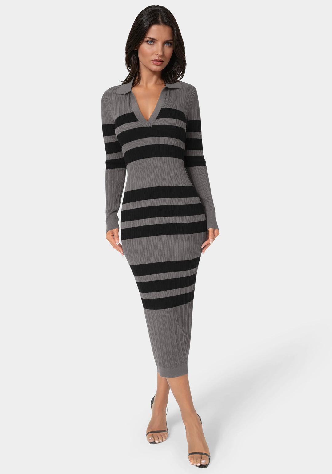 Front View-Long Sleeve Collared Striped Knit Dress-CHARCOAL/BLACK