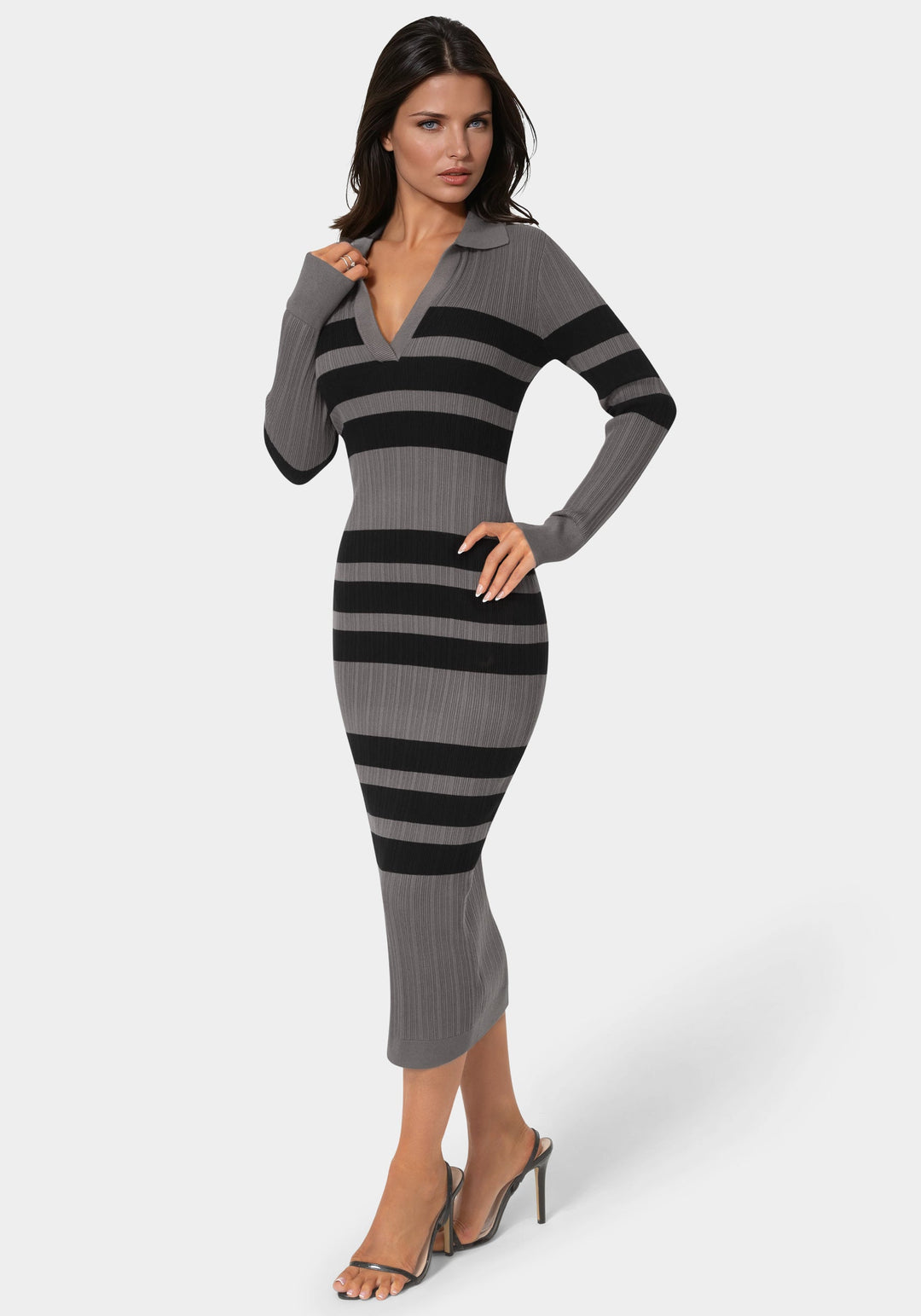 Side View-Long Sleeve Collared Striped Knit Dress-CHARCOAL/BLACK