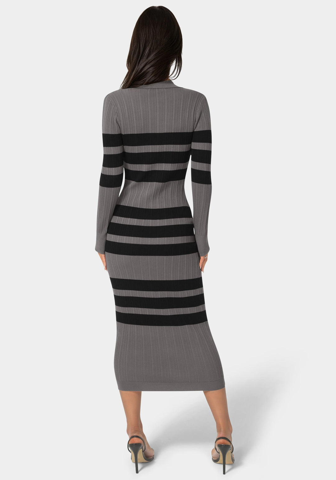 Back View-Long Sleeve Collared Striped Knit Dress-CHARCOAL/BLACK