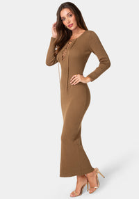 Side View-Long Sleeve Laceup Sweater Maxi Dress-Mocha