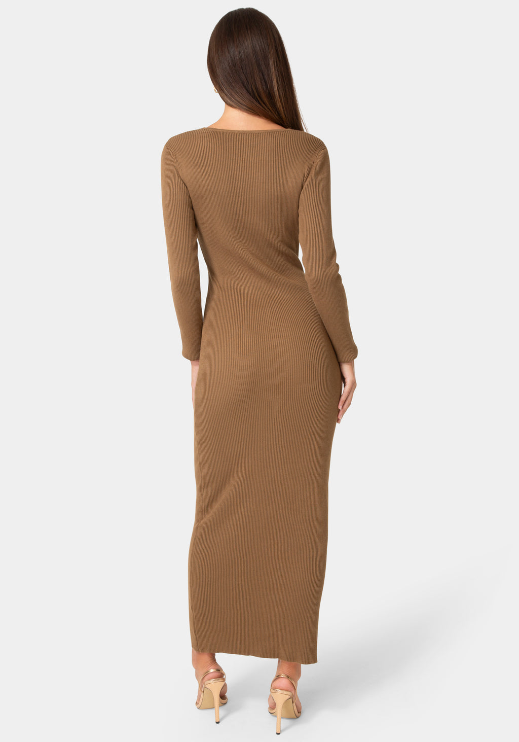 Back View-Long Sleeve Laceup Sweater Maxi Dress-Mocha