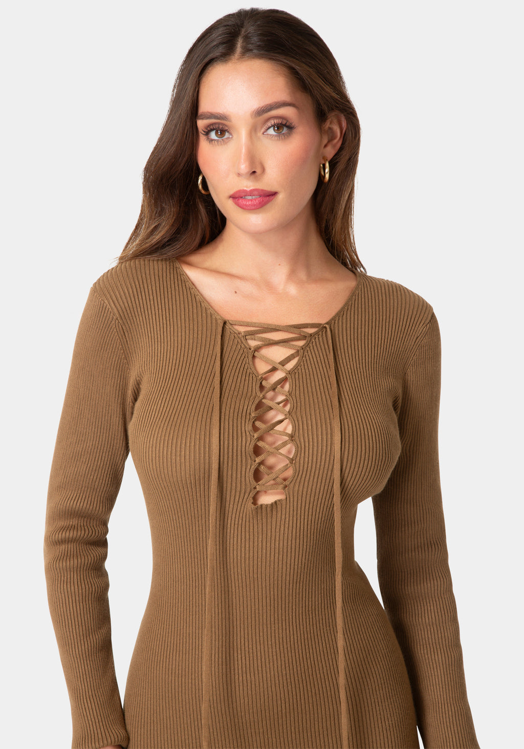 Other View-Long Sleeve Laceup Sweater Maxi Dress-Mocha