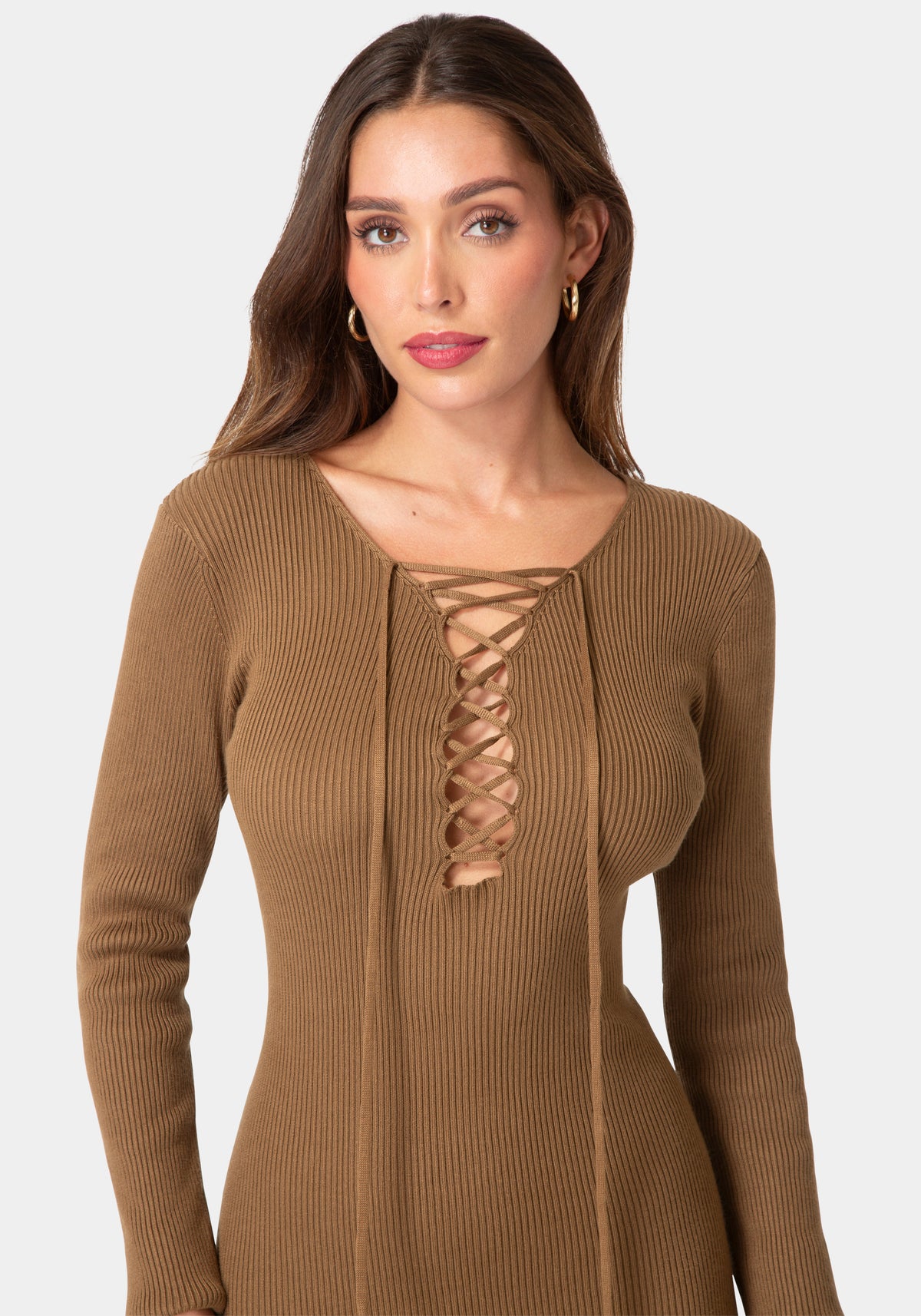 Other View-Long Sleeve Laceup Sweater Maxi Dress-Mocha