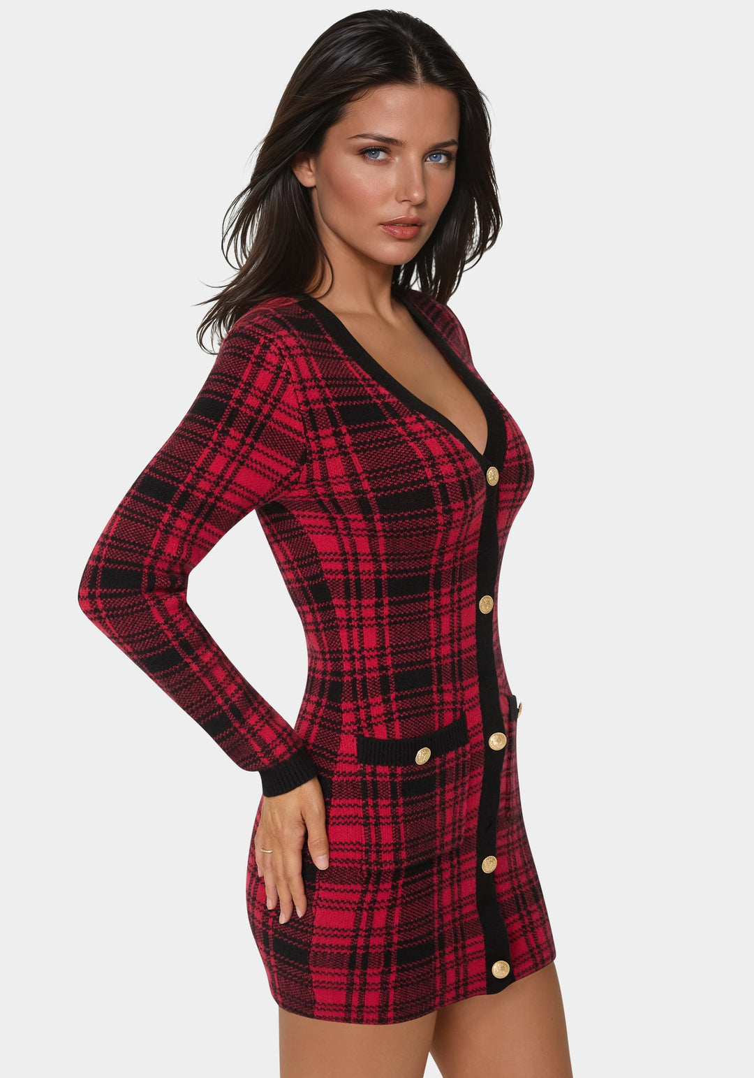 Plaid Faux Cardi Dress bebe Plaid Faux Cardi Dress bebe