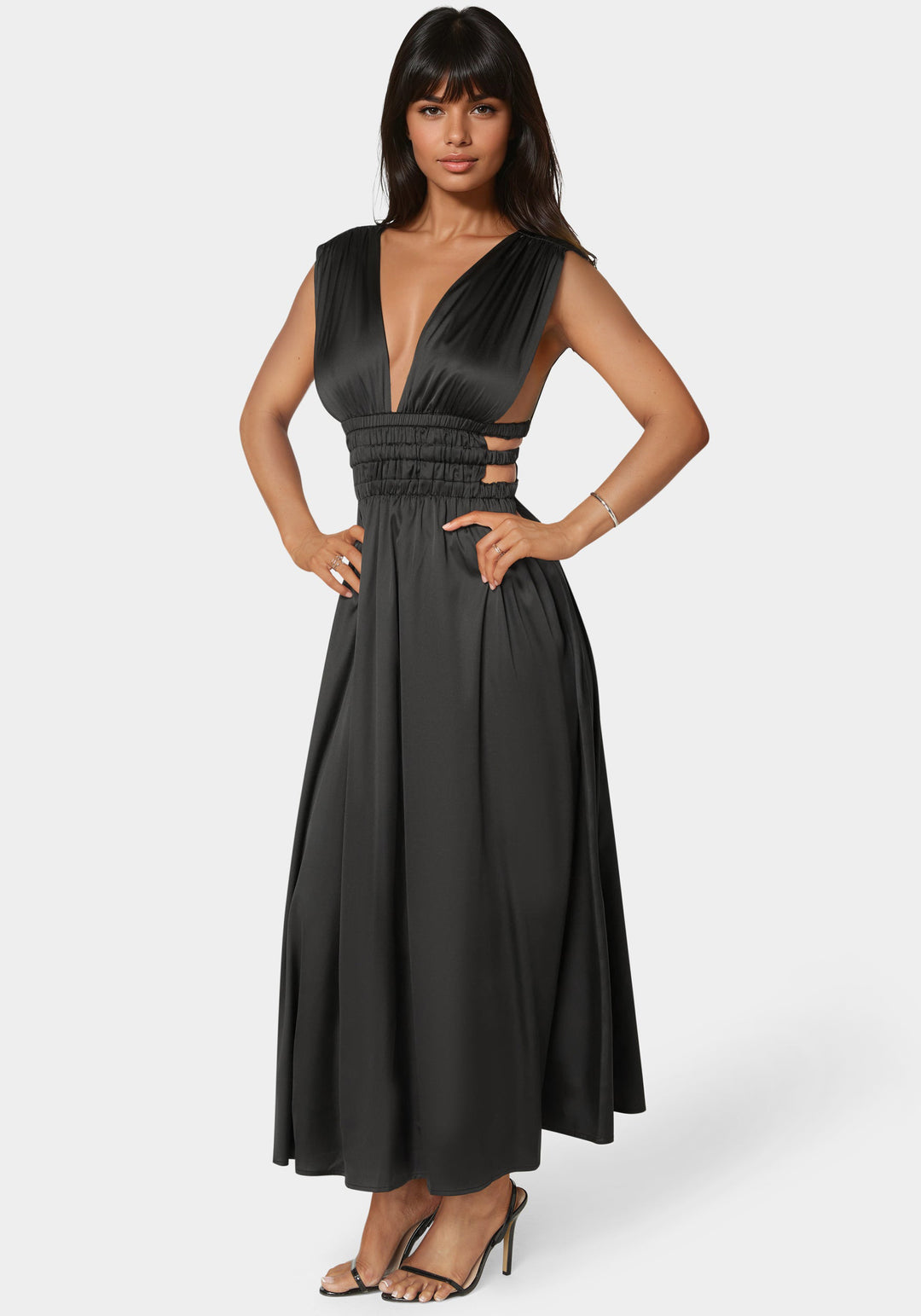 Satin V-Neck Cutout Maxi Dress
